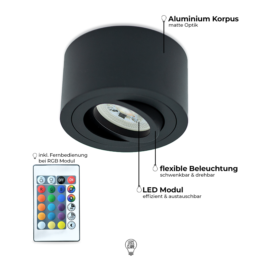 Aufbaustrahler schwarz matt rund 50mm IP20 inkl. LED-Modul