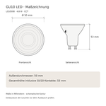 Maßzeichnung der GU10 LED L010508 mit 50 mm Durchmesser und 53 mm Gesamthöhe