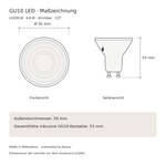 Maßzeichnung der dimmbaren GU10 LED L010518 mit 50 mm Durchmesser und 53 mm Gesamthöhe