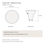 Maßzeichnung des GU10 Leuchtmittels L010908 mit 50 mm Durchmesser und 53 mm Gesamthöhe