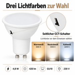 Seitlicher CCT-Schalter der GU10 LED für 3000 K Warmweiß, 4000 K Neutralweiß und 6000 K Kaltweiß
