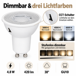 Dimmbare GU10 LED mit CCT-Schalter für 3000, 4000 und 6000 Kelvin und stufenloser Helligkeitseinstellung mit geeignetem LED-Dimmer