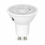 Dimmbare GU10 LED mit facettierter Linse und seitlichem CCT-Schalter auf weißem Hintergrund