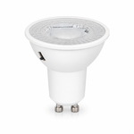 GU10 LED Leuchtmittel mit facettierter Linse und seitlichem CCT-Schalter auf weißem Hintergrund