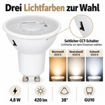 CCT-Schalter der GU10 LED mit Linse für 3000, 4000 und 6000 Kelvin sowie 38 Grad Abstrahlwinkel