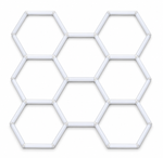 Hexagon LED Set mit acht offenen Waben in der Anordnung 3–2–3 auf weißem Hintergrund