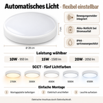 Funktionen und Montage der IP44 LED Deckenleuchte mit Bewegungsmelder, Akku-Notlicht, 10/15/20W und fünf Lichtfarben
