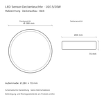 Maßzeichnung der LED Sensor-Deckenleuchte mit 280 mm Durchmesser und 70 mm Höhe