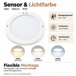 Sensorfunktionen, Nachlaufzeit 30 oder 60 Sekunden, drei Lichtfarben und Montage der LED Deckenleuchte 18W