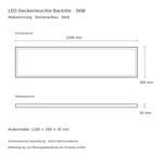 Maßzeichnung der Backlite LED Deckenleuchte mit 1200 × 300 × 35 mm
