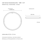 Maßzeichnung der schwarzen LED Sensor-Deckenleuchte mit 220 mm Durchmesser und 23 mm Höhe