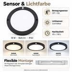Sensorfunktionen, Nachlaufzeit 30 oder 60 Sekunden, drei Lichtfarben und Montage der schwarzen LED Deckenleuchte 18W