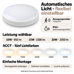 Leistungsstufen 10/15/20W, fünf CCT-Lichtfarben und Montageübersicht der IP44 Sensor-Deckenleuchte