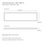 Maßzeichnung der LED Deckenaufbauleuchte mit 1200 × 300 × 38 mm