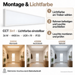 Montageübersicht und CCT-Lichtfarben 3000K, 4200K und 6500K der LED Deckenaufbauleuchte 36W