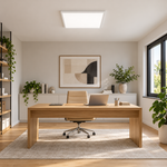 LED Deckenaufbauleuchte 62 × 62 cm mit weißem Rahmen über einem Schreibtisch im Büro