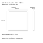 Maßzeichnung der LED Deckenaufbauleuchte mit 620 × 620 mm und 38 mm Aufbauhöhe