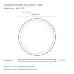 Maßzeichnung der weißen LED Deckenleuchte mit 500 mm Durchmesser und 30 mm Höhe