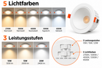 LED Einbaustrahler 10–20W 5CCT mit fünf Lichtfarben und drei Leistungsstufen