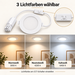 MUNDOTEC LED Einbaupanel 12W mit CCT-Schalter für Warmweiß 3000 K, Neutralweiß 4200 K und Kaltweiß 6400 K.