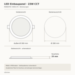 Technische Zeichnung des LED Einbaupanels 30001176: Außen-Ø 300 mm, Deckenausschnitt Ø 280 mm und Panelhöhe 25 mm.