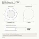 Technische Zeichnung des LED Einbaupanels 30001170: Außen-Ø 85 mm, Deckenausschnitt Ø 75 mm und Panelhöhe 25 mm.