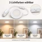 LED Einbaupanel mit CCT-Schalter zur Wahl von Warmweiß 3000 K, Neutralweiß 4200 K und Kaltweiß 6400 K.