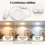 MUNDOTEC LED Einbaupanel 9W mit CCT-Schalter für Warmweiß 3000 K, Neutralweiß 4200 K und Kaltweiß 6400 K.