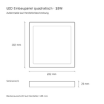 Technische Zeichnung LED Panel 18W: 202 × 202 mm, Höhe 25 mm und Deckenausschnitt 185 mm
