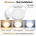 Dimmbares LED Panel 12W mit CCT-Schalter für 3000K Warmweiß, 4200K Neutralweiß und 6400K Kaltweiß