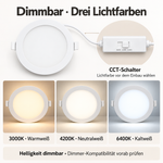 Dimmbares LED Panel 6W mit CCT-Schalter für 3000K Warmweiß, 4200K Neutralweiß und 6400K Kaltweiß