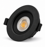 Schwarzer LED Einbauspot 5W CCT in leichter Seitenansicht mit rundem Rahmen und gerilltem Reflektor