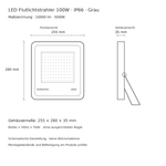 Maßzeichnung des LED-Flutlichtstrahlers mit 255 × 280 × 35 mm
