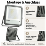 Montage und Anschluss des grauen LED-Flutlichtstrahlers 100 W