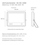 Maßzeichnung des LED Flutlichtstrahlers mit 254 × 189 × 33 mm laut Herstellerabbildung