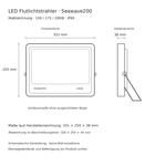 Maßzeichnung des Seawave200 LED Flutlichtstrahlers mit 331 × 255 × 36 mm laut Herstellerzeichnung