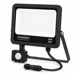 MUNDOTEC LED Flutlichtstrahler 30/40/50W mit PIR-Bewegungsmelder und Montagebügel auf weißem Hintergrund