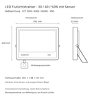 Maßzeichnung des LED Flutlichtstrahlers mit Bewegungsmelder und Gehäusemaßen 191 × 138 × 33 mm