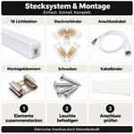 Stecksystem und Montage des 6-Waben-Sets mit 18 Lichtleisten, Verbindern, Anschlusskabel und Befestigungszubehör