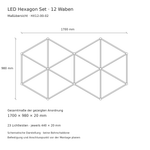 Maßzeichnung des LED Hexagon Sets mit 1700 × 980 × 20 mm und 23 Lichtleisten