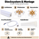 Stecksystem und Montage des Hexagon Sets mit Lichtleisten, Pfeilsteckern, Sternsteckern, Anschlusskabel und Kabelbindern