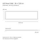 Technische Zeichnung LED Panel 36W: Außenmaße 1195 × 295 × 28 mm