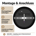 Montage und Anschluss der runden schwarzen LED Wandleuchte 18W mit Montagebügel und Anschlussleitung