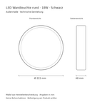 Technische Zeichnung der runden schwarzen LED Wandleuchte 18W: Durchmesser 222 mm und Tiefe 48 mm