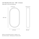 Technische Zeichnung der ovalen schwarzen LED Wandleuchte 18W: 267 × 137 × 46 mm