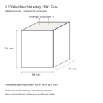Maßzeichnung der LED Wandleuchte mit 99 × 78 × 116 mm und Lichtaustritt nach oben