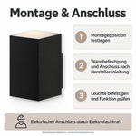 Schematische Montageübersicht der grauen LED Wandleuchte mit oberem Lichtaustritt