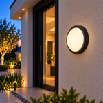Runde schwarze LED Außenwandleuchte 18W am Hauseingang mit warmweiß leuchtender Front