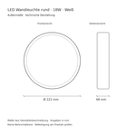 Technische Zeichnung runde weiße LED Wandleuchte 18W: Durchmesser 222 mm und Tiefe 48 mm