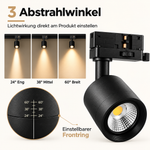 MUNDOTEC LED 3-Phasen-Strahler schwarz 25W – Abstrahlwinkel 24°, 38° und 60° mit einstellbarem Frontring